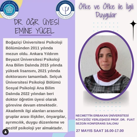 Bölümümüz öğretim üyelerinden Dr. Öğr. Üy. Emine YÜCEL, Necmettin Erbakan Üniversitesi Psikoloji Günlerinde konuşma yapmıştır. 